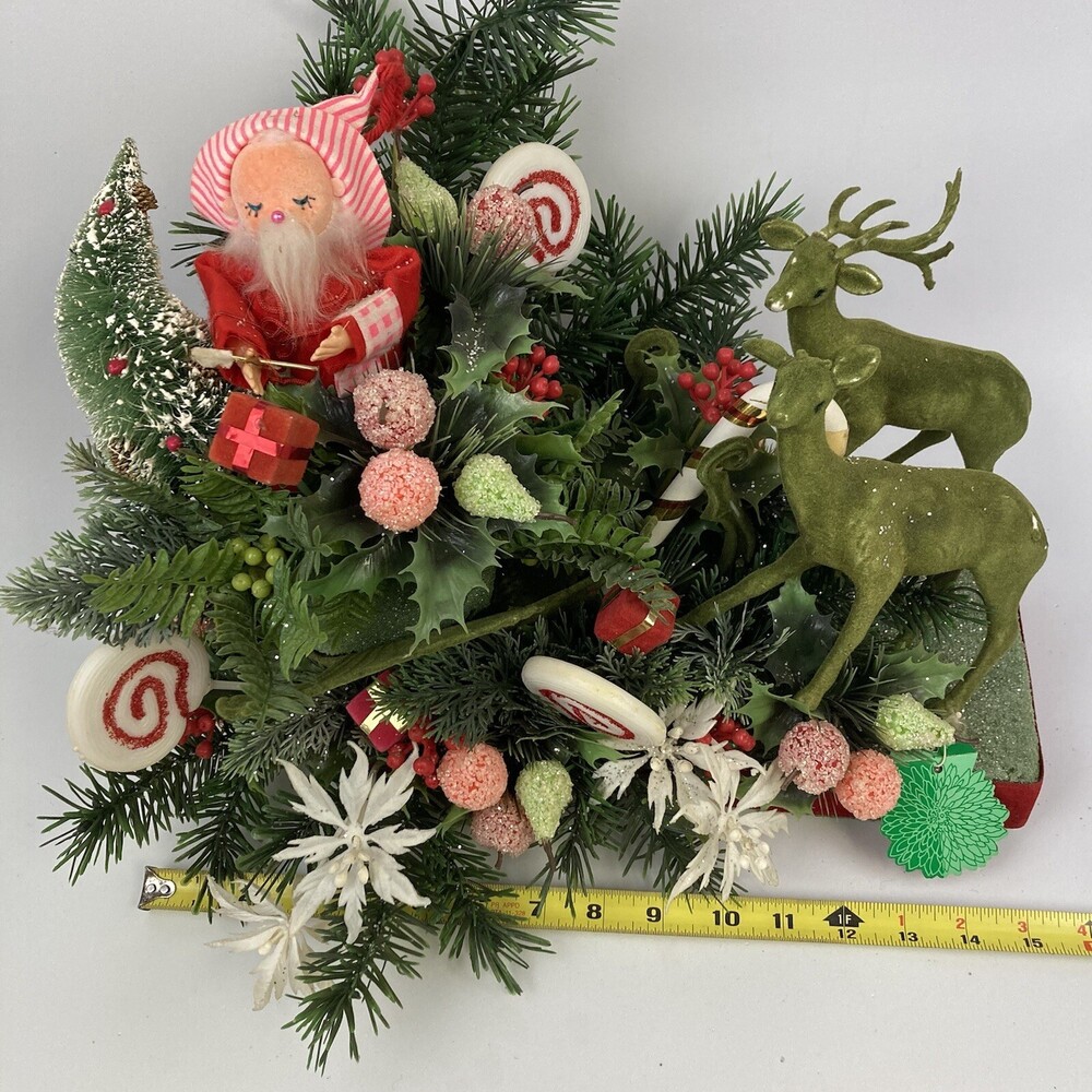 VTG XMAS Centerpiece Green Flocked Deer Floral Picks Arrangement Santa Sleigh